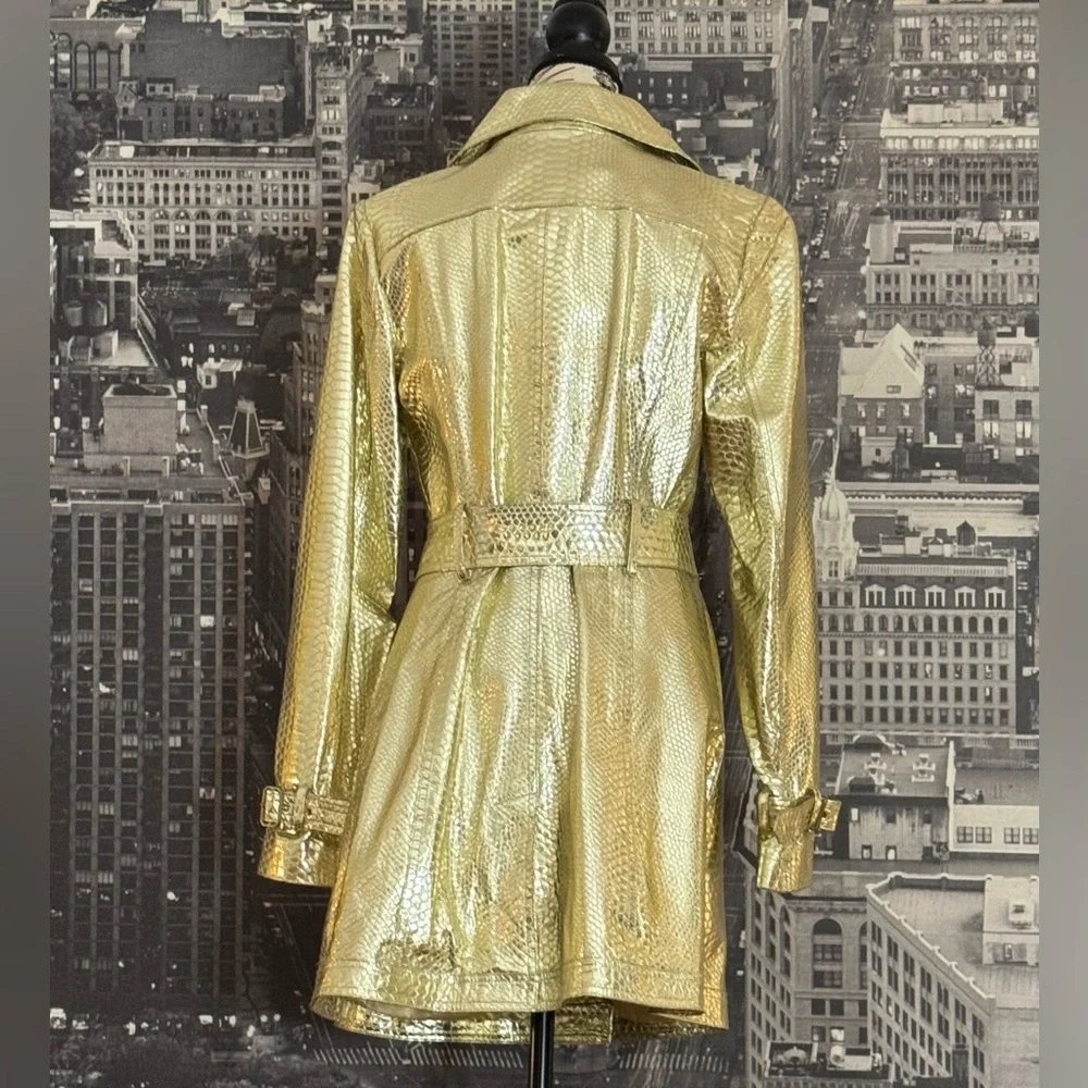 Metallic Gold Snake-Embossed Leather Belted Trench Jacket - Picture 6 of 15